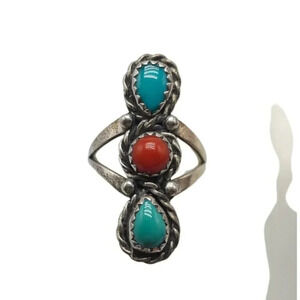 Vintage Sterling Silver Ring With Blue Turquoise Red Coral Gemstone Size 5.25